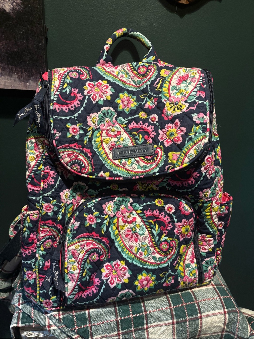 Vera Bradley Quilted Paisley Backpack in Navy with Pink & Green Accents